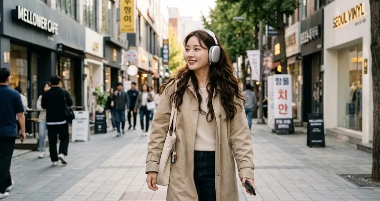 A person wearing over-ear headphones on a city street.