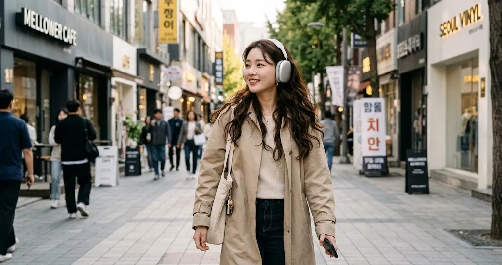 A person wearing over-ear headphones on a city street.