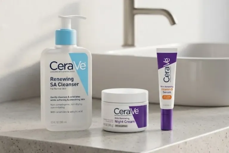 Three CeraVe skin care products on a bathroom counter: Renewing SA Cleanser, Skin Renewing Night Cream, and Skin Renewing Vitamin C Serum.