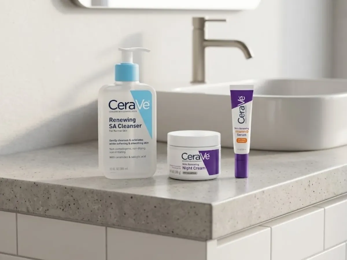 Three CeraVe skin care products on a bathroom counter: Renewing SA Cleanser, Skin Renewing Night Cream, and Skin Renewing Vitamin C Serum.