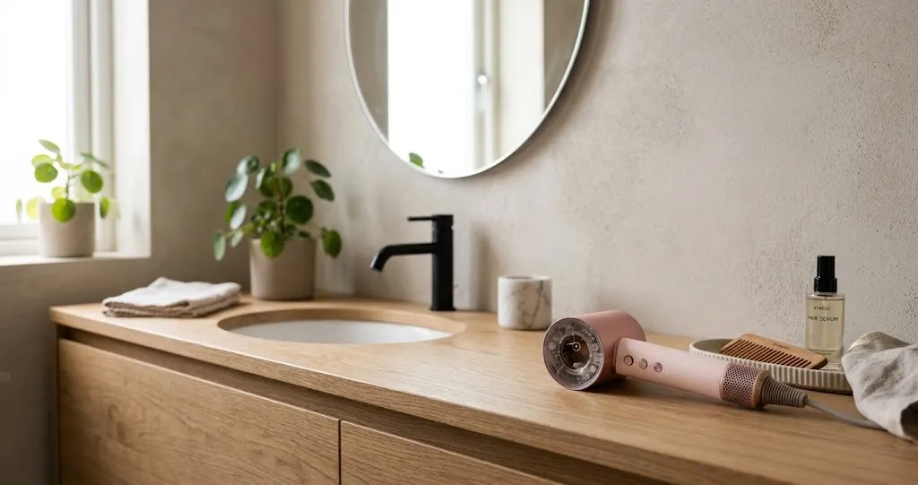 A pink hair dryer resting on a wooden bathroom counter beside a sink.