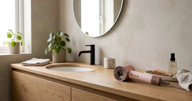 A pink hair dryer resting on a wooden bathroom counter beside a sink.