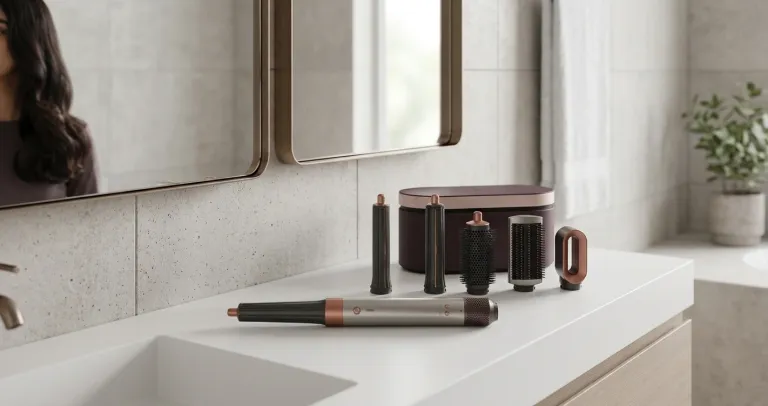 A hair styling tool with several attachments and a storage case on a bathroom counter.