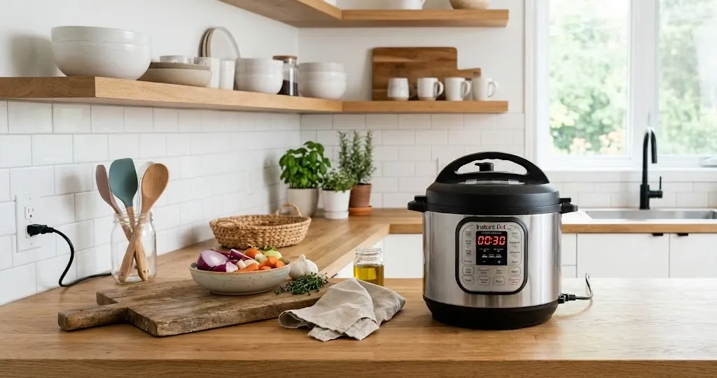 An electric pressure cooker on a bright kitchen counter.
