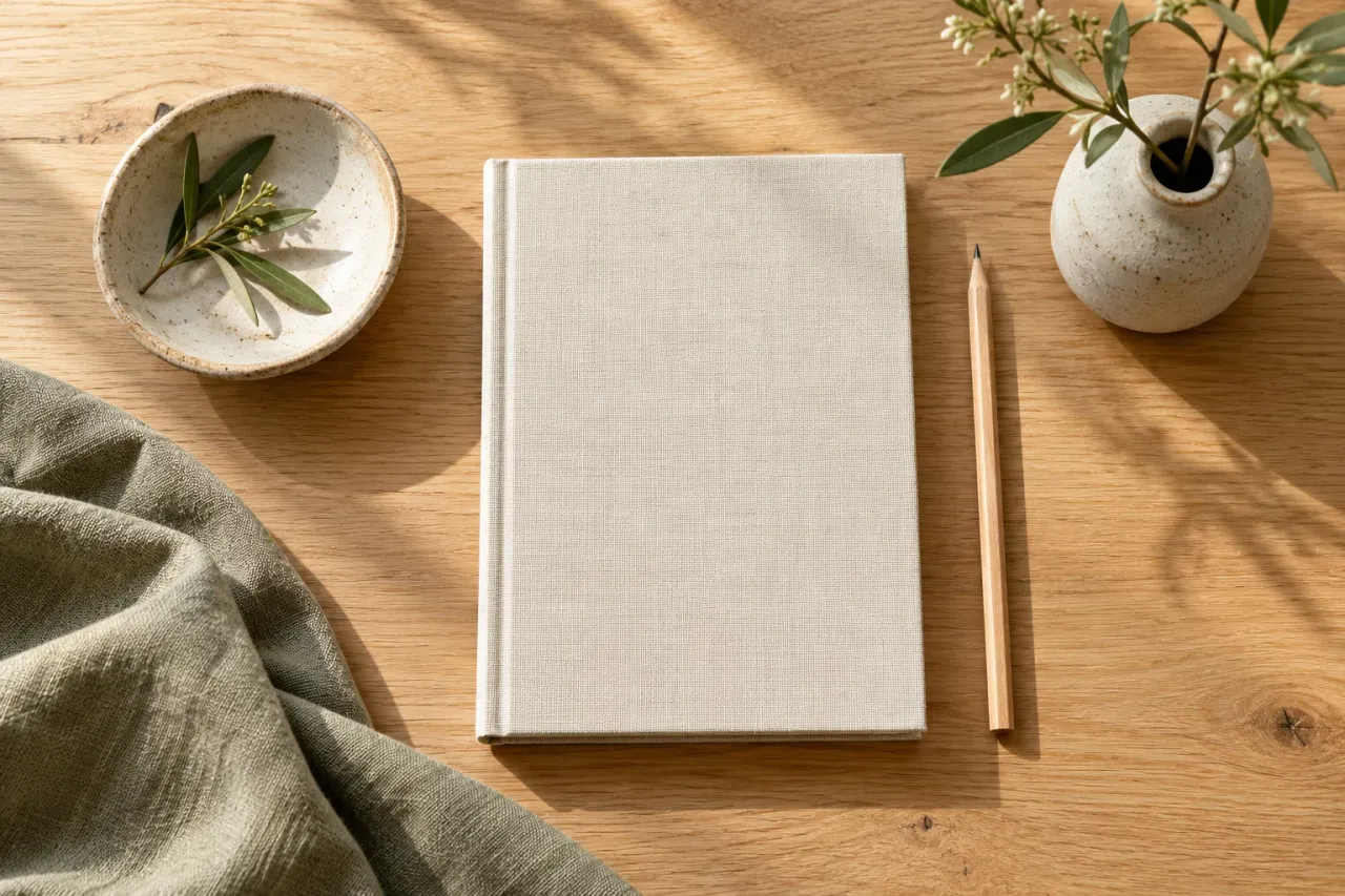 An AI-generated editorial illustration of a blank notebook, wooden pencil, and ceramics on an oak tabletop