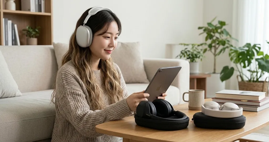 A person wearing over-ear headphones in a living room, with other headphones on a table.