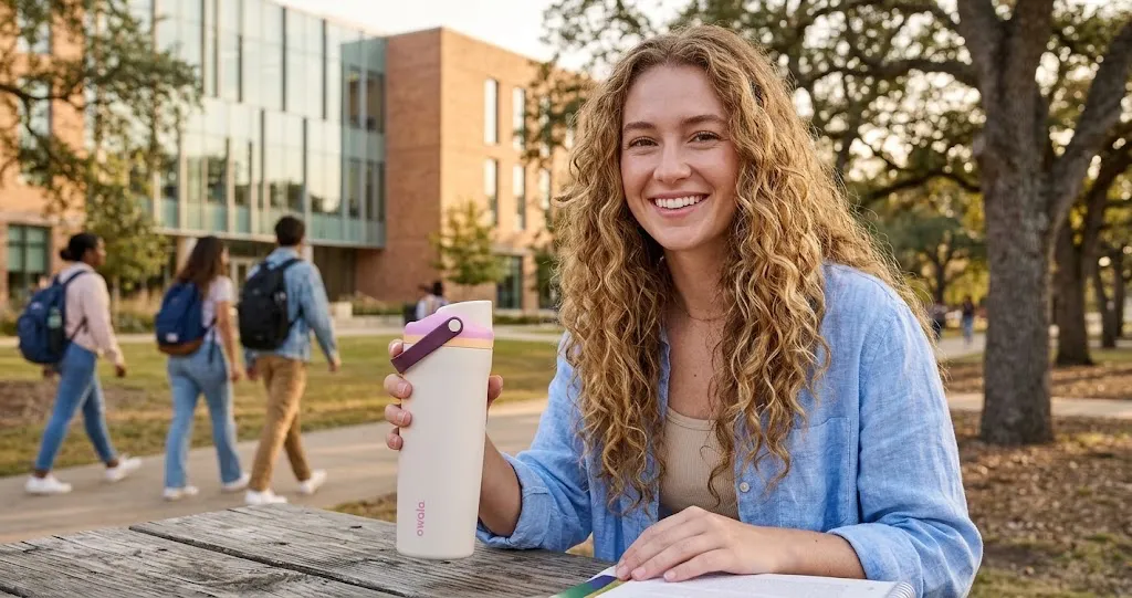 A person holding a light-colored Owala bottle at an outdoor table on a campus.