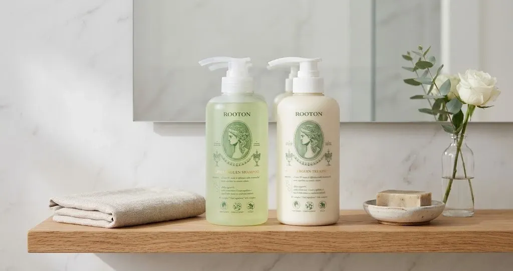 Two ROOTON pump bottles labeled Alpha Erguen Shampoo and Alpha Erguen Treatment on a wooden bathroom shelf.