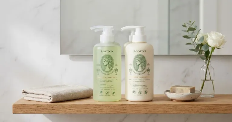 Two ROOTON pump bottles labeled Alpha Erguen Shampoo and Alpha Erguen Treatment on a wooden bathroom shelf.