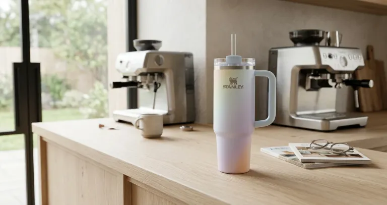 A handled Stanley tumbler with a straw on a kitchen counter.