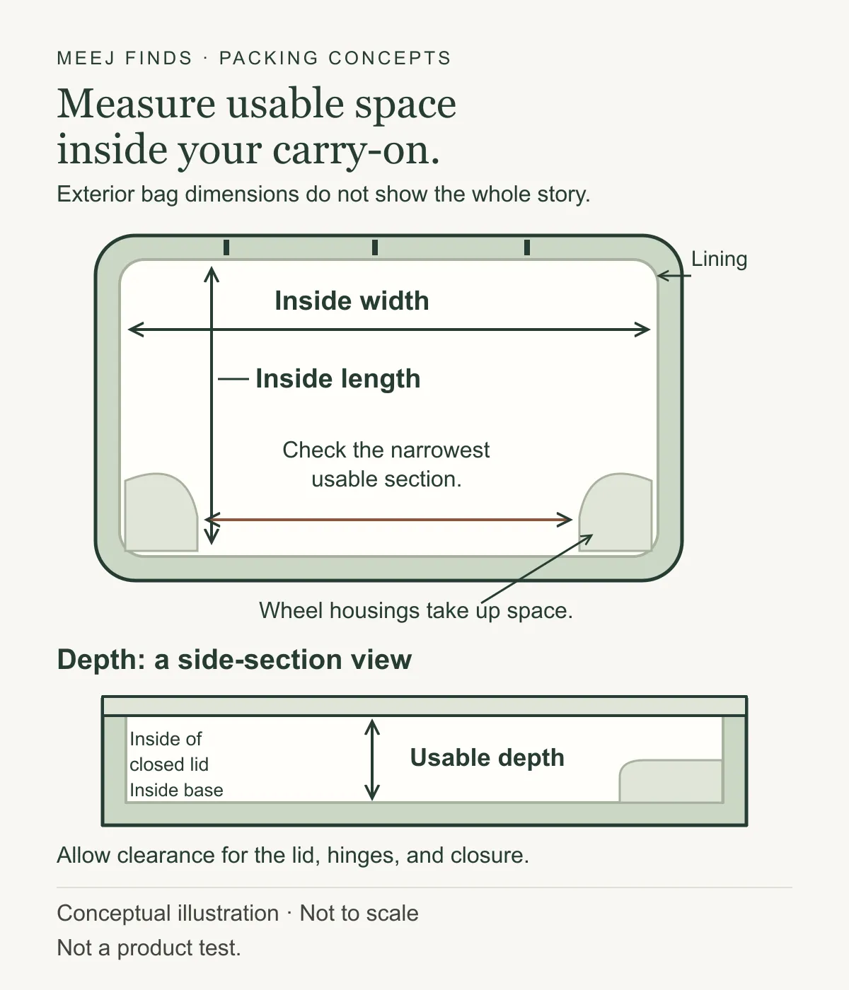 Conceptual carry-on interior diagram with a top view showing inside length, inside width, and wheel-housing obstructions, plus a side section showing usable depth to the closed lid; not to scale or a product test