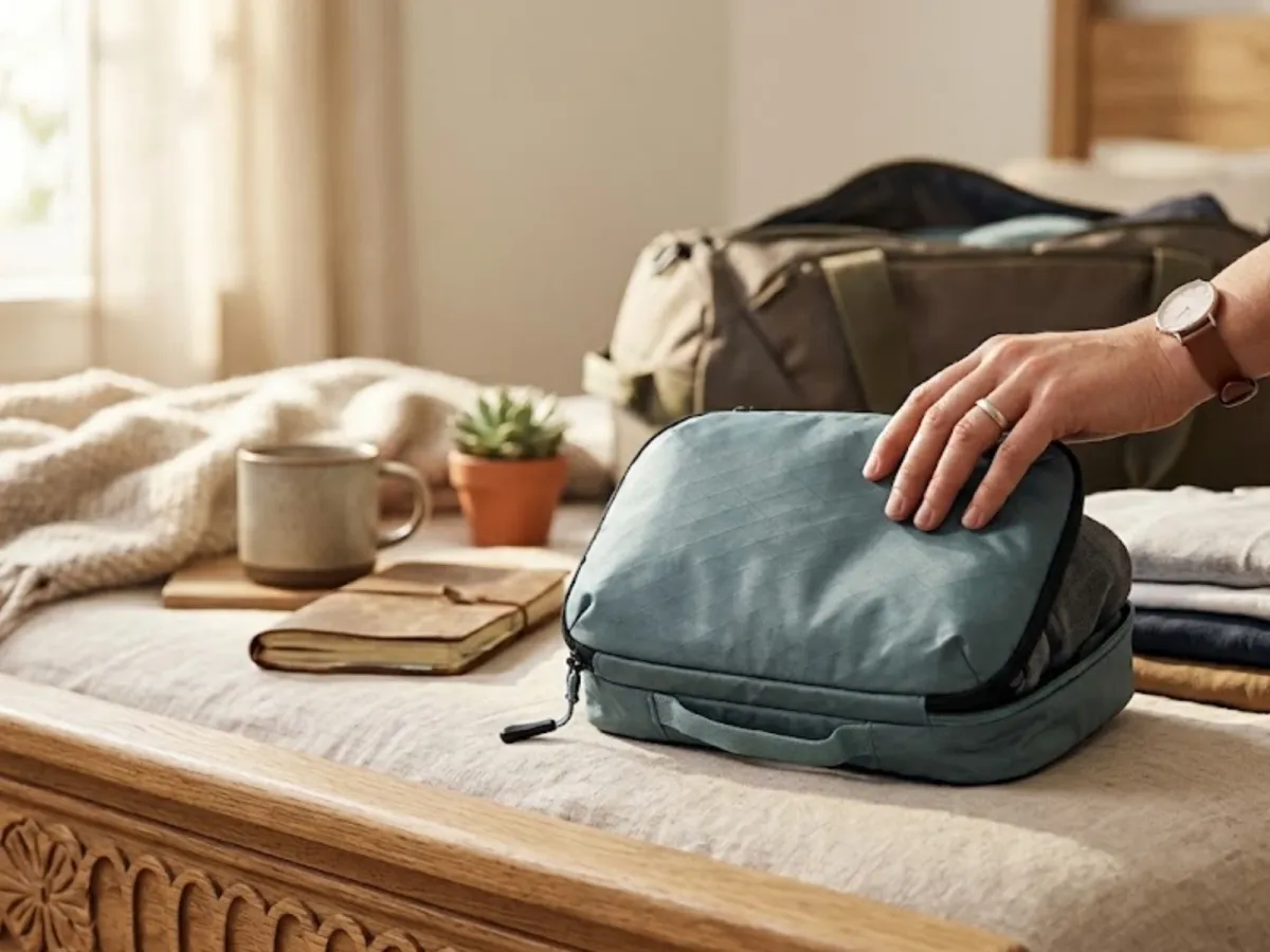 A hand resting on a blue-gray zippered packing cube on a bed, beside folded clothes, an open duffel bag, a ceramic mug, a notebook, and a small succulent