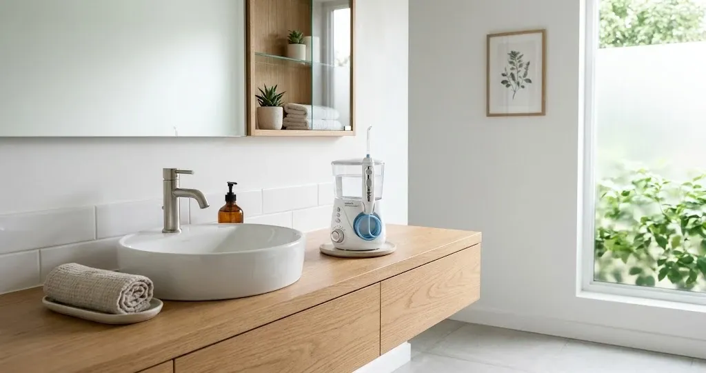 A countertop water flosser beside a bathroom sink.
